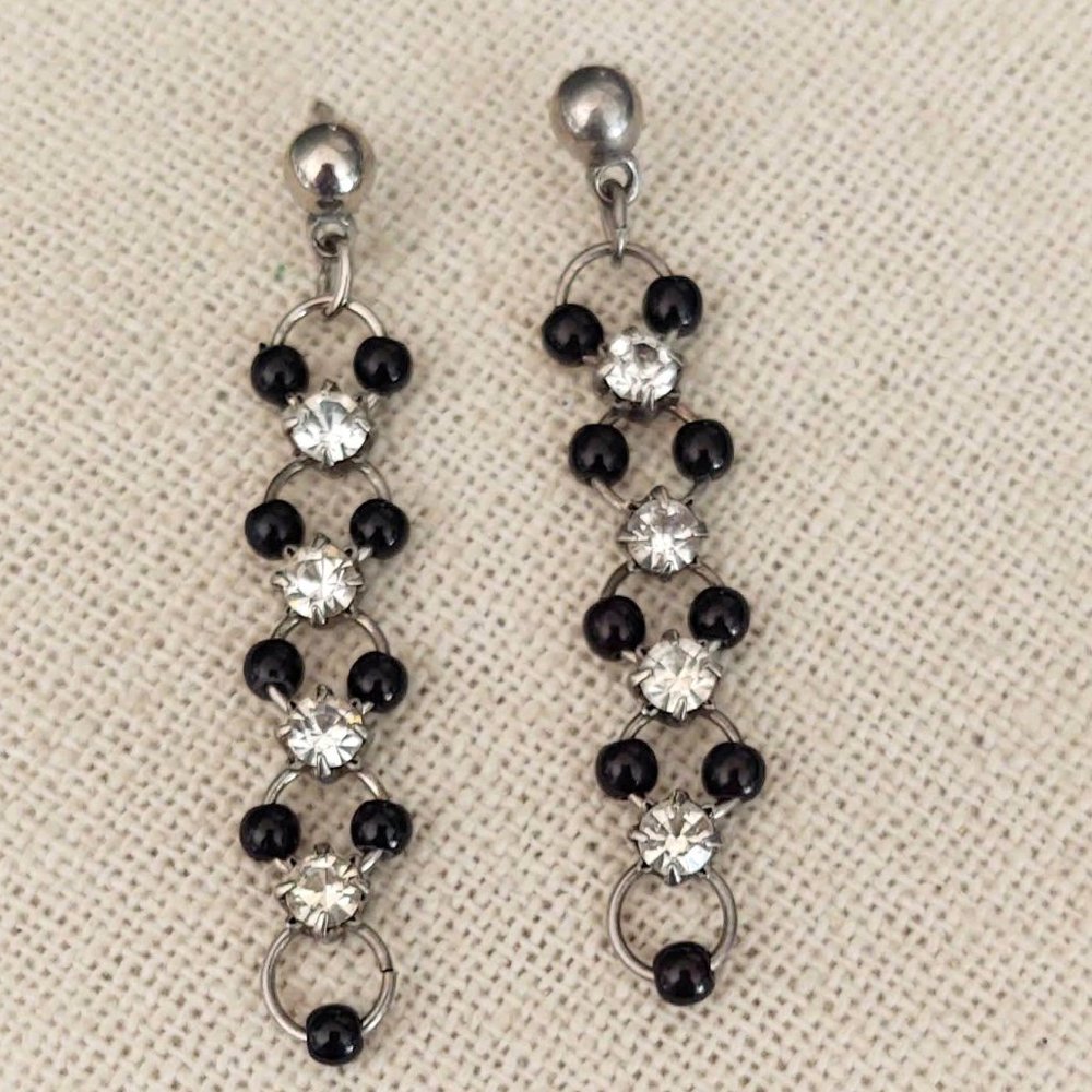 Silver, black and cz dangle earrings